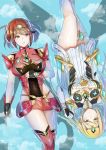  2girls armor bangs bare_shoulders blonde_hair breasts cleavage dress elbow_gloves fingerless_gloves floating gem gloves hair_ornament headpiece mythra_(xenoblade) pyra_(xenoblade) jewelry large_breasts long_hair looking_at_viewer multiple_girls nano_mik nintendo red_eyes red_shorts redhead short_hair short_shorts shorts smile swept_bangs thigh-highs tiara very_long_hair water wet white_dress xenoblade_(series) xenoblade_2 yellow_eyes 