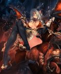  1girl beast_dominator black_legwear boots breasts cleavage frown gloves hair_between_eyes high_heels holding horns large_breasts legs legs_together long_hair looking_at_viewer looking_down monster night official_art pointy_ears shadowverse sidelocks silver_hair sitting sitting_on_object sleeve_cuffs thigh-highs thigh_boots thighs tsunekun whip wings yellow_eyes 