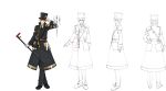  1boy adjusting_clothes adjusting_hat aiguillette armband armor black_footwear blonde_hair blue_eyes buttons cane_(senjuushi) character_sheet coat double-breasted formal from_behind full_body gloves hat highres holding holding_cane holding_weapon lineart majiro_(mazurka) male_focus monochrome monocle multiple_views official_art overcoat senjuushi:_the_thousand_noble_musketeers short_hair shoulder_armor standing top_hat translation_request transparent_background turnaround weapon white_gloves 