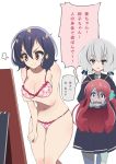  3girls black_hair bow bra breasts brown_eyes disembodied_head embarrassed eyebrows_visible_through_hair grey_eyes hair_between_eyes hair_bow hair_ornament hair_ribbon holding_another&#039;s_head konno_junko large_breasts long_hair looking_at_mirror low_twintails minamoto_sakura mirror mizuno_ai multiple_girls open_mouth panties patchwork_skin pose red_eyes redhead ribbon school_uniform short_hair silver_hair smile translation_request twintails underwear v-shaped_eyebrows yuzuruka_(bougainvillea) zombie zombie_land_saga 