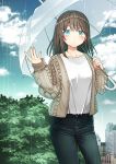  1girl bangs blue_eyes blue_pants blue_sky blush breasts brown_hair brown_jacket building closed_mouth clouds cloudy_sky collarbone commentary_request day denim eyebrows_visible_through_hair fingernails hair_between_eyes hair_ornament hairclip holding holding_umbrella jacket jeans kurata_rine long_hair long_sleeves looking_at_viewer open_clothes open_jacket original outdoors pants puffy_long_sleeves puffy_sleeves rain shirt sky skyscraper sleeves_past_wrists small_breasts solo transparent transparent_umbrella umbrella white_shirt white_umbrella 