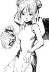  1girl alternate_costume alternate_hairstyle bangs bare_arms bare_shoulders bat_wings breasts china_dress chinese_clothes commentary cowboy_shot double_bun dress fkey hair_between_eyes holding holding_pot looking_at_viewer medium_breasts monochrome pelvic_curtain pot remilia_scarlet short_hair side_slit simple_background sketch sleeveless sleeveless_dress solo standing touhou translation_request white_background wings 