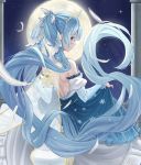  1girl absurdly_long_hair back backless_dress backless_outfit bangs bibboss39 blue_eyes blue_hair detached_sleeves dress feathers floating_hair from_behind full_moon hatsune_miku highres long_hair moon musical_note_hair_ornament night skirt_hold sky snowflakes solo star_(sky) starry_sky tiara twintails very_long_hair vocaloid yuki_miku 
