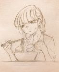  1girl :t ayatak0517 black_eyes bowl chinese_spoon chopsticks eating food graphite_(medium) highres holding holding_chopsticks holding_spoon komi-san_wa_komyushou_desu komi_shouko long_hair monochrome school_uniform sepia short_sleeves sketch solo spoon sweat traditional_media upper_body white_background 