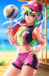    1girl bare_shoulders baseball_cap beach blonde_hair blue_hair breasts cowboy_shot day glowing green_hair grin hair_between_eyes hand_on_hip hat jewelry long_hair looking_at_viewer medium_breasts midriff multicolored_hair my_little_pony my_little_pony_friendship_is_magic navel necklace ocean orange_hair outdoors personification pink_shorts purple_hair racoon-kun rainbow_dash rainbow_hair redhead shirt shorts sky sleeveless sleeveless_shirt smile solo violet_eyes volleyball watermark web_address 