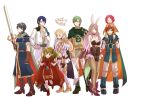  4boys 4girls animal_ears armor bird blonde_hair blue_hair blue_headband boots bracelet braid breasts brown_gloves camilla_(fire_emblem_if) cape carrying chiki choker cleavage cloak closed_eyes closed_mouth crown_braid dress ephraim fa facial_mark fake_animal_ears falchion_(fire_emblem) feh_(fire_emblem_heroes) fingerless_gloves fire_emblem fire_emblem:_fuuin_no_tsurugi fire_emblem:_mystery_of_the_emblem fire_emblem:_seima_no_kouseki fire_emblem:_seisen_no_keifu fire_emblem_heroes fire_emblem_if forehead_mark frilled_choker frills from_side gloves green_eyes green_hair hair_over_one_eye hair_ribbon head_wreath high_heels holding holding_sword holding_weapon jewelry knee_boots leotard long_hair long_sleeves mamkute marth medium_breasts multiple_boys multiple_girls nintendo open_mouth ouzisamafe owl pants pantyhose pink_dress pointy_ears ponytail purple_hair rabbit_ears redhead ribbon roy_(fire_emblem) sharena short_dress short_hair short_sleeves shoulder_carry sigurd_(fire_emblem) simple_background skirt stone sword tiara violet_eyes weapon white_background 