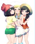  3girls beanie black_hair blonde_hair blush braid creatures_(company) dress dual_persona from_behind game_freak green_eyes green_shorts grin hat highres lillie_(pokemon) long_hair looking_back mizuki_(pokemon) mokorei multiple_girls nintendo open_mouth pokemon pokemon_(game) pokemon_sm pokemon_usum red_hat short_hair short_sleeves shorts simple_background sleeveless sleeveless_dress smile sun_hat tank_top twin_braids white_background white_dress white_hat white_shorts yuri 