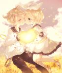  1boy 1girl ;&gt; ^_^ anniversary birthday blonde_hair blue_eyes blush bow brother_and_sister buttons cheek-to-cheek child closed_eyes closed_eyes coco_(hinatacoco) commentary dress field flower flower_field fluffy glowing_heart hair_bow hair_ornament hairclip highres holding kagamine_len kagamine_rin long_sleeves one_eye_closed pants pantyhose petals sailor_collar shoe_ribbon siblings smile twins vocaloid white_legwear yellow_flower 
