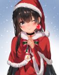  1girl alternate_costume arm_at_side bauble black_hair blurry blush bow cape capelet chitanda_eru choker christmas christmas_ornaments christmas_tree commentary depth_of_field dress english_commentary eyelashes fur-trimmed_cape fur-trimmed_sleeves fur_trim hair_between_eyes hair_intakes hand_up hat head_tilt highres holding hyouka long_hair long_sleeves looking_at_viewer mery_(apfl0515) one_eye_closed outdoors red_dress santa_costume santa_hat shiny shiny_hair smile snow snow_globe snowing solo standing star upper_body violet_eyes wide_sleeves 