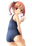  1girl ass blue_swimsuit brown_hair cat_hair_ornament cowboy_shot from_behind hair_ornament highres looking_at_viewer looking_back original red_eyes school_swimsuit shibacha short_hair simple_background solo swimsuit tongue tongue_out twintails twisted_torso v white_background 