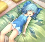 1girl adworse bangs bare_arms bare_legs bare_shoulders blue_bow blue_dress blue_hair blue_wings bow cirno closed_eyes collarbone dress eyebrows_visible_through_hair hair_bow highres ice ice_wings indoors lying on_back on_bed open_mouth panties pantyshot pantyshot_(lying) pillow short_dress short_hair sleeping solo touhou underwear white_panties wings 