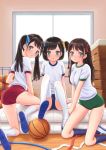  3girls :o arm_support ass backlighting bangs basketball black_hair blue_buruma blue_ribbon blush braid breasts buruma commentary_request dktaka from_behind green_buruma green_eyes gym_shirt gym_storeroom gym_uniform hair_ornament hair_ribbon hair_scrunchie indoors kneeling leaning_back leaning_forward leg_up legs long_hair looking_at_viewer looking_back mat multiple_girls one_side_up open_mouth original partial_commentary red_buruma ribbon scrunchie shirt shoes short_hair short_sleeves sitting small_breasts smile thigh-highs twintails two_side_up uwabaki vaulting_horse white_footwear white_shirt window wooden_floor yellow_scrunchie 