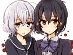  2girls ahoge black_hair blue_eyes eyebrows_visible_through_hair hair_between_eyes hair_ornament hair_ribbon konno_junko long_hair looking_at_viewer low_twintails mashayuki mizuno_ai multiple_girls red_eyes ribbon school_uniform short_hair silver_hair twintails upper_body zombie_land_saga 