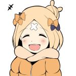  +++ 1girl :d ^_^ abigail_williams_(fate/grand_order) bangs black_bow blush bow closed_eyes closed_eyes commentary_request crossed_bandaids eyebrows_visible_through_hair facing_viewer fate/grand_order fate_(series) hair_bow hair_bun jacket mitchi open_mouth orange_bow orange_jacket parted_bangs simple_background smile solo upper_body upper_teeth white_background 