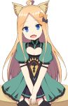  1girl :d abigail_williams_(fate/grand_order) absurdres ahoge animal_ear_fluff animal_ears atalanta_(fate) atalanta_(fate)_(cosplay) bangs black_bow black_legwear black_skirt blonde_hair blue_eyes blush bow breasts cat_ears cleavage cleavage_cutout commentary_request cosplay dress fake_animal_ears fang fate/apocrypha fate/grand_order fate_(series) forehead garter_straps green_dress hair_bow head_tilt highres long_hair mitchi open_mouth orange_bow parted_bangs pleated_skirt puffy_short_sleeves puffy_sleeves short_sleeves sitting skirt small_breasts smile solo thigh-highs very_long_hair white_background 