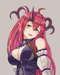  1girl :3 ahoge bangs bare_shoulders black_choker breasts choker cleavage curled_horns demon_girl demon_horns detached_sleeves fang grey_background hair_between_eyes head_tilt horns large_breasts long_hair long_sleeves looking_at_viewer magrona magrona_channel moppo open_mouth pointy_ears redhead smile solo sweatdrop upper_body very_long_hair virtual_youtuber yellow_eyes 