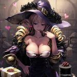  1girl 2boys bangs black_fur blonde_hair blunt_bangs bow breasts buttons character_request cleavage copyright_request covered_nipples cygames drill_hair eating elbow_pads gift hand_on_hip hat heart helmet indoors knight large_breasts lena_(zoal) liquor looking_to_the_side multiple_boys official_art ribbon shaded_face standing tavern twin_drills visor_(armor) witch witch_hat 