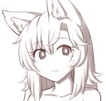  1girl animal_ear_fluff animal_ears bangs bare_shoulders collarbone commentary english_commentary eyebrows_visible_through_hair eyelashes greyscale hair_between_eyes imaizumi_kagerou long_hair looking_at_viewer monochrome portrait simple_background solo touhou white_background wolf_ears wool_(miwol) 