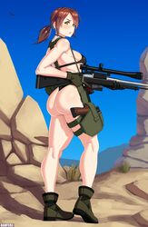  1girl absurdres ass bikini black_bikini breasts brown_hair danfer3 full_body green_eyes gun handgun highres looking_at_viewer looking_back metal_gear_(series) metal_gear_solid metal_gear_solid_v parted_lips pistol ponytail pouch quiet_(metal_gear) rifle sideboob sniper_rifle solo swimsuit thong weapon 