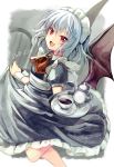  1girl alternate_costume apron ascot bat_wings black_wings blue_hair brooch commentary_request cup dated enmaided fang hair_between_eyes holding jewelry leg_up looking_at_viewer maid maid_apron maid_headdress open_mouth puffy_short_sleeves puffy_sleeves red_eyes red_neckwear remilia_scarlet saucer short_hair short_sleeves skirt_hold smile solo tea teacup teapot touhou tray wings yuki_(popopo) 