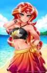    1girl beach black_bikini_top blonde_hair bracelet breasts clouds contrapposto day flame_print green_eyes halter_top halterneck hand_on_hip jewelry long_hair looking_at_viewer medium_breasts midriff multicolored_hair my_little_pony my_little_pony_equestria_girls my_little_pony_friendship_is_magic necklace outdoors parted_lips personification racoon-kun raised_eyebrow redhead sarong sky smile solo stomach sunset_shimmer two-tone_hair very_long_hair watermark web_address 