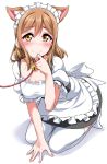  1girl all_fours animal_ears apron bangs bell bell_collar black_skirt blush brown_hair cat_ears collar commentary_request frilled_apron frilled_sleeves frills hand_up jingle_bell kunikida_hanamaru leash long_hair looking_at_viewer love_live! love_live!_sunshine!! maid_headdress nail_polish no_shoes paw_pose pink_nails short_sleeves skirt smile solo thigh-highs white_apron white_background white_legwear yellow_eyes yopparai_oni 