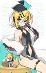  1boy 1girl 2018 animal_ears anniversary artist_name bare_shoulders blonde_hair blue_eyes breasts chibi dated elbow_gloves eyebrows_visible_through_hair fan fox_ears fox_tail fur_coat gloves hair_ornament hairclip headphones headset holding holding_fan kagamine_len kagamine_rin leg_lift leotard looking_at_viewer navel navel_cutout negi_(ulog&#039;be) sleeveless small_breasts smile tagme tail twitter_username vocaloid 