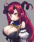 +_+ 1girl ahoge bangs bare_shoulders black_collar blue_neckwear breasts cleavage collar curled_horns demon_girl demon_horns detached_sleeves earrings fang highres horns jewelry lace_trim large_breasts long_hair looking_at_viewer magrona magrona_channel namec0 open_mouth redhead solo upper_body very_long_hair virtual_youtuber yellow_eyes 