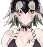  1girl alternate_costume bangs bare_shoulders bikini black_bikini blush bodypaint breasts choker cleavage closed_mouth collarbone commentary_request earrings facepaint fate/grand_order fate_(series) frown gem hand_on_own_shoulder headpiece highres jeanne_d&#039;arc_(alter)_(fate) jeanne_d&#039;arc_(fate)_(all) jewelry large_breasts looking_at_viewer nervous o-ring o-ring_bikini o-ring_top ram_(ramlabo) short_hair silver_hair simple_background solo sweat swimsuit upper_body white_background yellow_eyes 
