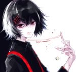  1boy androgynous bell black_hair black_shirt blood commentary_request hair_between_eyes hair_ornament hairclip holding kenkoumineral13 looking_at_viewer male_focus multicolored_hair red_eyes shirt short_hair simple_background smile solo stitched_face stitches string suspenders suzuya_juuzou tokyo_ghoul tokyo_ghoul:re tongue tongue_out white_background white_hair x_hair_ornament 