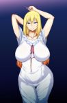  1girl arms_behind_head blonde_hair blue_eyes breasts collarbone darkness_(konosuba) eyebrows_visible_through_hair gradient gradient_background hair_between_eyes highres kono_subarashii_sekai_ni_shukufuku_wo! large_breasts long_hair looking_at_viewer nightgown parumezan smile solo thigh_gap 