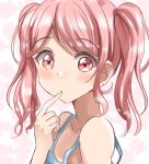  1girl bang_dream! bangs bare_shoulders blue_camisole blush camisole closed_mouth collarbone commentary_request eyebrows_visible_through_hair finger_to_mouth hair_tie long_hair looking_at_viewer maruyama_aya red_eyes redhead sidelocks sin_(sin52y) solo twintails upper_body 