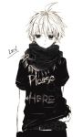  &gt;:( 1boy adjusting_clothes ahoge anzu_(o6v6o) badge belt button_badge casual character_name clothes_writing greyscale kagamine_len male_focus monochrome scarf shirt short_sleeves simple_background solo t-shirt upper_body vocaloid white_background 