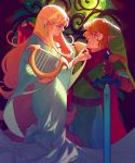  blonde_hair blue_eyes dress earrings gown harp highres hollyfig instrument jewelry link master_sword nintendo pointy_ears princess_zelda the_legend_of_zelda the_legend_of_zelda:_skyward_sword triforce tunic 
