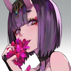  1girl bangs bare_shoulders blunt_bangs bob_cut collarbone eyelashes fate/grand_order fate_(series) flower gradient_eyes hair_ornament headpiece highres holding holding_flower horns jewelry lips looking_at_viewer multicolored multicolored_eyes nose oni oni_horns open_mouth petals pink_lips purple_hair ram_(ramlabo) red_flower short_hair shuten_douji_(fate/grand_order) simple_background sleeveless solo 