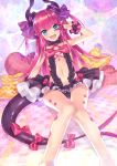 1girl bikini bikini_skirt blue_eyes breasts demmy dragon_girl elizabeth_bathory_(fate) elizabeth_bathory_(fate)_(all) fate/grand_order fate_(series) horns long_hair looking_at_viewer navel pink_hair pointy_ears sitting small_breasts smile solo swimsuit tail v