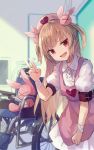  &gt;_&lt; 1girl :d apron armband bandage bandaged_arm bandages bangs blurry blurry_background blush brown_hair bunny_hair_ornament center_frills collared_shirt depth_of_field eyebrows_visible_through_hair fang frills hair_ornament hand_up hat head_tilt heart indoors long_hair looking_at_viewer natori_sana nurse_cap open_mouth pink_apron pink_hat pleated_skirt puffy_short_sleeves puffy_sleeves red_eyes roll_okashi safety_pin sana_channel shirt short_sleeves skirt smile solo stuffed_animal stuffed_bunny stuffed_toy two_side_up v very_long_hair virtual_youtuber wheelchair white_shirt white_skirt 