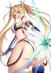  1girl ass back bangs bare_shoulders bikini blonde_hair blue_eyes blush boots bradamante_(fate/grand_order) braid breasts commentary_request detached_collar elbow_gloves energy_shield fate/grand_order fate_(series) french_braid gloves hair_ornament harimoji highres hips holding holding_shield holding_spear holding_weapon knee_boots leg_up long_hair looking_at_viewer looking_back open_mouth polearm shield sidelocks smile solo spear swimsuit twintails twisted_torso very_long_hair weapon 