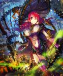  1girl breasts cygames garter_belt garter_straps gradient_hair hat holding lantern large_breasts long_hair looking_at_viewer multicolored_hair navel official_art outdoors pointy_ears purple_hair red_eyes redhead shadowverse solo thigh-highs two-tone_hair witch_hat yui_(niikyouzou) 