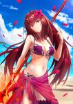  1girl beach bikini blue_sky breasts brown_hair cleavage clouds day eyebrows_visible_through_hair fate/grand_order fate_(series) floating_hair flower frown gae_bolg hair_flower hair_ornament head_tilt holding holding_spear holding_weapon large_breasts lens_flare long_hair nail_polish navel ocean outdoors petals polearm randoru red_bikini red_eyes red_flower sarong scathach_(fate)_(all) scathach_(fate/grand_order) scathach_(swimsuit_assassin)_(fate) see-through shiny shiny_hair sky solo spear swimsuit thigh_strap very_long_hair weapon 