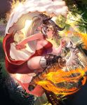  1girl :&lt; aliza_(granblue_fantasy) artist_request ass bare_shoulders breasts china_dress chinese_clothes curled_fingers cygames draph dress earrings fire forest granblue_fantasy hair_pulled_back horns jewelry jumping large_breasts leg_up long_hair looking_at_viewer nature official_art open_mouth outdoors outstretched_hand panties pantyshot pantyshot_(standing) pointy_ears ponytail red_dress red_eyes shadowverse short_dress sideboob silver_hair solo sparkle standing standing_on_one_leg thigh-highs underwear white_legwear white_panties 