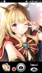  2girls bangs blonde_hair blush bow bowtie brooch cagliostro_(granblue_fantasy) cape closed_mouth collarbone commentary_request crown eyebrows_visible_through_hair gauntlets glint gold_trim granblue_fantasy hand_up highres jewelry long_hair looking_at_viewer lyria_(granblue_fantasy) multiple_girls one_eye_closed open_mouth outstretched_arm phone_screen red_cape red_neckwear self_shot shadow shiero. shirt sidelocks smile upper_body violet_eyes w white_shirt 