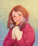  1girl :d blush boku_no_hero_academia brown_eyes brown_hair coat commentary_request ed_(chibied) food head_tilt holding holding_food korean_commentary looking_at_viewer mittens open_mouth pink_coat short_eyebrows short_hair sidelocks smile snow solo upper_body uraraka_ochako white_mittens winter_clothes winter_coat 