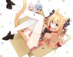  4girls animal_ears blonde_hair blue_eyes blush box breasts cardboard_box cat cat_ears chibi in_box in_container looking_at_viewer mao_(alepricos) multiple_girls original panties solo_focus tail thigh-highs underwear white_legwear 