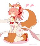  1girl :3 animal_ear_fluff animal_ears apron bell bell_collar blush breasts cat_hair_ornament cat_paws cleavage closed_eyes collar fate/grand_order fate_(series) fox_ears fox_tail gloves hair_ornament hair_ribbon heart highres jingle_bell kuro_no_suke_(kurotu962kurotu) large_breasts long_hair maid_headdress naked_apron paw_gloves paw_shoes paws pink_hair ponytail red_ribbon ribbon shoes simple_background solo tail tamamo_(fate)_(all) tamamo_cat_(fate) white_background 