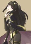  1girl absurdres bangle bangs black_hair blunt_bangs bodystocking bodysuit bracelet bridal_gauntlets cape circlet covered_navel fire_emblem fire_emblem:_kakusei fire_emblem_heroes highres jewelry looking_at_viewer nintendo skeptycally skin_tight smile solo tharja tiara two_side_up 