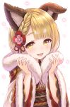  1girl :d animal_ear_fluff animal_ears bangs blonde_hair blush braid brown_eyes commentary_request dog_ears eyebrows_visible_through_hair flower fur_collar granblue_fantasy hair_flower hair_ornament hair_ribbon hands_up highres japanese_clothes kimono long_sleeves looking_at_viewer obi open_mouth red_flower red_kimono red_ribbon ribbon sash smile solo tomo_(user_hes4085) upper_body vajra_(granblue_fantasy) wide_sleeves 