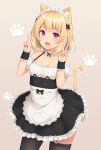  1girl animal_ears apron bare_shoulders bell black_legwear blonde_hair breasts cat_ears cat_girl cat_tail detached_sleeves double_v dress fang frills looking_at_viewer maid_apron maid_dress maid_headdress medium_hair open_mouth original paw_background puffy_short_sleeves puffy_sleeves sasaame short_sleeves small_breasts solo tail thigh-highs v violet_eyes wristband 