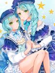  2girls alternate_hairstyle aqua_hair ascot back_bow bang_dream! bangs beret blue_bow blue_hat blue_ribbon bow braid brooch center_frills constellation_hair_ornament constellation_print double-breasted dress earrings ferrel_(rocher_71) frilled_dress frilled_shirt frilled_sleeves frills green_eyes hair_bow hair_over_shoulder hand_holding hat hat_bow highres hikawa_hina hikawa_sayo incest jewelry korean light_frown long_sleeves looking_at_viewer multiple_girls neck_ribbon parted_lips ribbon shirt short_over_long_sleeves short_sleeves siblings side_braids single_braid sisters sitting star striped striped_bow striped_ribbon translation_requst twincest twins yellow_neckwear yuri 