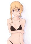  1girl bangs bikini black_bikini blonde_hair blush bow_bikini braid breasts closed_mouth collarbone commentary_request cowboy_shot flying_sweatdrops hair_between_eyes hand_on_own_elbow highres kinpatsu-chan_(rucchiifu) looking_at_viewer medium_breasts navel original rucchiifu shadow sidelocks simple_background skindentation solo standing swimsuit violet_eyes white_background 